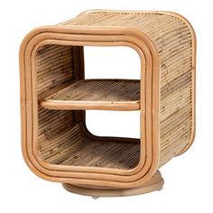 three tiered bamboo shelf with wheels on each side and two shelves stacked in the middle