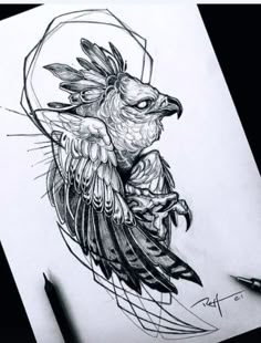 a pencil drawing of a bird on paper