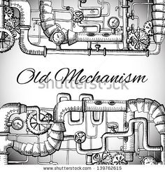 an old mechanical machine with gears and wheels in the style of engraving - stock photo