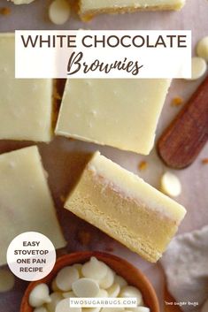 white chocolate brownies in a bowl and on the table