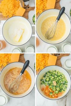 four pictures showing the steps to make cheese sauce in mixing bowls and then being whisked with grated cheese