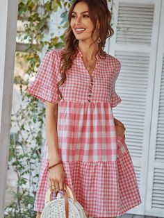 Our Genista Dress comes in a soft pink tone tartan print. It features a v neckline and side pockets short sleeves for a relaxed comfortable fit. This gingham mini pairs beautifully with our heels or sandals for a fun casual look! Size Guide: Chloé is 5’7” tall, and has a 32.88” bust, 25.59” waist, & 36.2” hips. She Stitching Dresses, Short Sleeve Mini Dress, Plaid Fashion, Pink Mini Dresses, Pocket Dress, Plaid Dress, Mini Dress With Sleeves, Types Of Skirts, Ruffle Dress