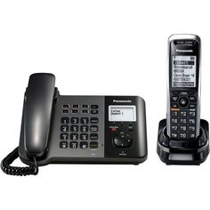 two corded phones and an answering device on a white background with the same phone number