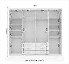 an image of a closet with drawers and shelves in the measurements for each section, including two