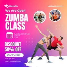 an advertisement for zumba class with two people doing yoga