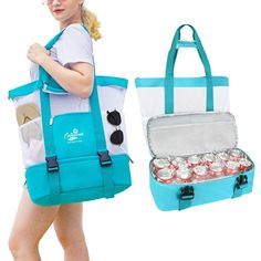 a woman carrying a cooler bag with drinks in it and an open case for cans