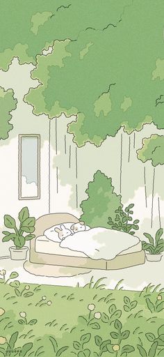 a bed sitting in the middle of a lush green field next to a tree filled forest