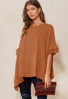 One size Spring Brown Solid Color Blouse, Chic Blouse With Ruffle Sleeves For Layering, Trendy Flowy Solid Color Top, Chic Flowy Blouse For Brunch, Chic Solid Color Blouse For Brunch, Flowy Solid Color Tops, Trendy Solid Color Tops For Brunch, Elegant Brown Short Sleeve Blouse, Chic Tops With Ruffle Sleeves In Solid Color