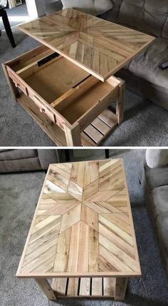 a coffee table made out of pallet wood with drawers on the top and bottom