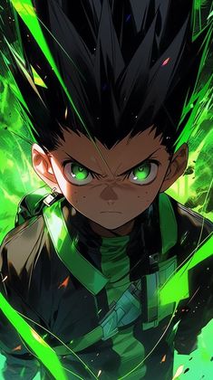 an anime character with green eyes and black hair