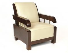 a wooden chair with white leather upholstered on the back and armrests