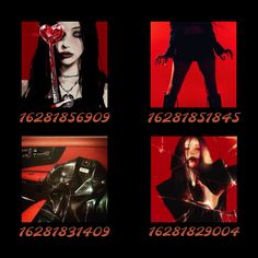 four different images of the same woman with red hair and black clothes, one is holding a knife