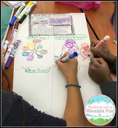 two children are drawing on a piece of paper with crayons and marker pens