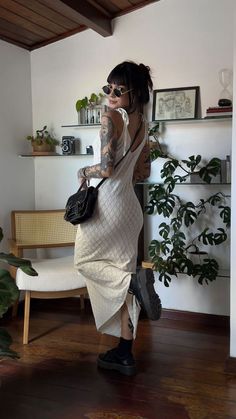 Tattoed Women Classy Outfits, 2016 Grunge Outfits, System Of A Down Concert Outfit, Edgy Sundress Outfit, Two Door Cinema Club Concert Outfit, Moody Summer Outfit, Alternative Feminine Style, Docs And Dresses Outfit, Casual Spring Outfit Inspo 2024