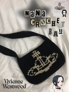 a black purse with an embroidered crown on it and the words nanna crochet bag