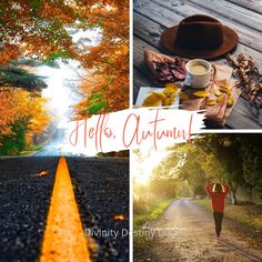 a collage of photos with the words hello autumn