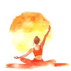 a watercolor painting of a woman doing yoga in front of a yellow circle with her arms up