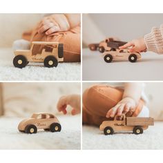 four photos of a baby playing with a wooden truck and car toy on the floor