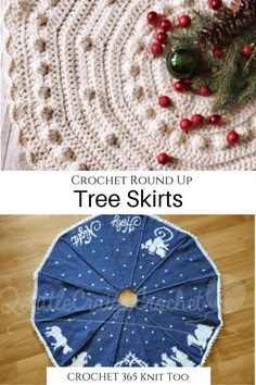 crochet round up tree skirt with christmas decorations on it and the bottom is blue