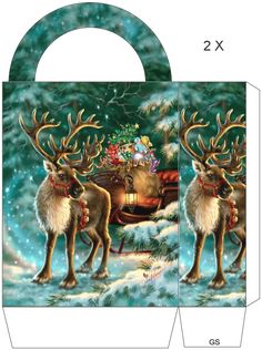 a paper bag with reindeers and sleigh in the snow, on it's side