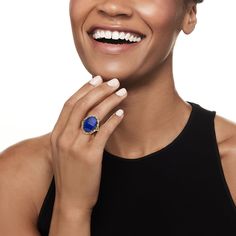 Ross-Simons - Lapis, .20ct t. w. Diamond Ring, Tsavorite Accents in 14kt Yellow Gold. Size 5. This colorful statement ring boasts an 18x13mm oval lapis cabochon surrounded by twinkling multi-shaped sections of .20 ct. t. w. round brilliant-cut diamonds and tsavorite accents. Crafted in 14kt yellow gold. Natural pyrite flecks in lapis will vary. 7/8" wide. Diamond and lapis ring. Brown Diamond Ring, Cultured Pearl Ring, Swiss Blue Topaz Ring, Topaz Birthstone, Diamond Ring Princess Cut, Lapis Ring, London Blue Topaz Ring, Synthetic Opal, Cabochon Ring