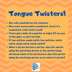 a sign that says tongue twisters on an orange and white chevroned background