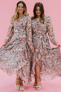 Elegant Floral Print Wrap Dress For Garden Party, Floral Print Maxi Wrap Dress For Party, Chic Floral Print Wrap Dress For Garden Party, Flowy Floral Print Wrap Dress For Brunch, Modest Floral Dress With Ruffles For Garden Party, Flowy Floral Dress With Surplice Neckline For Garden Party, Feminine Floral Dress With Surplice Neckline For Brunch, Flowy Floral Dress With Surplice Neckline, Garden Party Floral Wrap Dress With Surplice Neckline