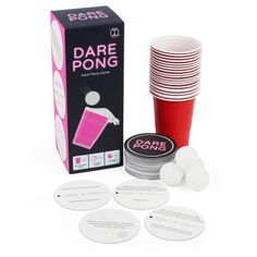 Set up in seconds and be the ultimate party host. Created by college students, Dare Pong is a full beer pong set with a twist. Weve added 78 drinking games and dares printed on 50 dare cards. Place a dare card under each cup. Once your cup is hit, read the dare card and do it! Most dare cards have a choice of 2 dares, but some are group activities. Finally, we left 3 cards blank for you to create your own dares. Friendsgiving Party Decorations, Girls Night Games, 17th Birthday Ideas, Fun Drinking Games, Drinking Games For Parties, Party Card Games, Game For Adults, Friendsgiving Party, Drinking Game