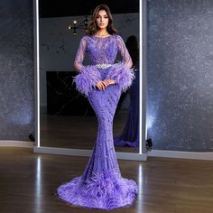 Ready To Ship : Elegant Mermaid Evening Dress Arabic Purple Beaded Feathers | Luxury Gown for Women's Wedding Party 2024 Dress Arabic, Beaded Feathers, Luxury Gown, Purple Mermaid, Color Embroidery, Bridal Elegance, Dresses Classy, Purple Beaded, Evening Dress Fashion