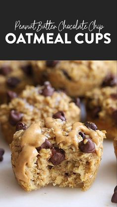 peanut butter chocolate chip oatmeal cups are stacked on top of each other