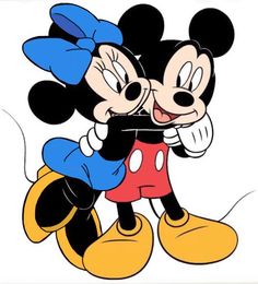 mickey and minnie kissing each other with their heads close to one another in front of a white background