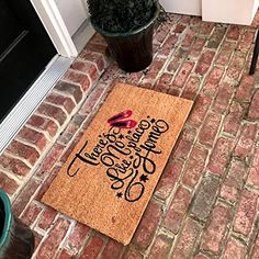 a welcome mat on the ground next to a potted plant in front of a door