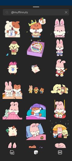 an animated sticker sheet with cartoon animals and other things on it's screen