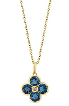 A semiprecious stone flower pendant brings sparkling color to an elegant 14-karat yellow-gold necklace centered by a dainty diamond. 18" length; 1/2"W x 3/4"L pendant Lobster clasp closure Total diamond weight: 0.02ct. Color: H–I Clarity: I1–I2 14k gold/citrine, London blue topaz, amethyst and/or peridot/diamond Made in the USA Diamond Guide London Topaz, Yellow Gold Gemstone Necklace In Flower Shape, Yellow Gold Flower Shaped Gemstone Necklace, Yellow Gold Flower Necklace With Gemstone, Yellow Gold Flower Pendant Jewelry With Gemstone, Blue Flower Pendant Fine Jewelry Necklace, Luxury Blue Topaz Yellow Gold Necklace, Blue Topaz Pendant With Diamond Accents, Luxury Blue Topaz Round Pendant Necklace