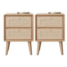 two wooden nightstands with wicker drawers on each side and one drawer in the middle