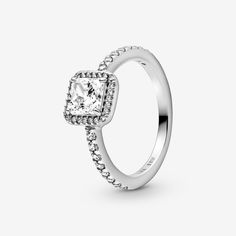 This stunning vintage-inspired ring is one you'll treasure forever. Crafted in sterling silver, this sophisticated style is embellished with sparkling cubic zirconia stones and features a large, square-cut stone as the centerpiece. Wear it on its own as a statement cocktail ring, or style it with contrasting Pandora rings for a fresh, contemporary look. - Pandora Square Sparkle Halo Ring - Sterling silver / Cubic Zirconia / Clear - Sz. 5 Pandora Rings, Jewellery Uk, Jewelry Lookbook, Square Cut, Halo Ring, Halo Rings, Lab Created Diamonds, Pandora Jewelry, Styl Vintage