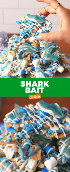 two pictures with different types of food in the same photo, one has blue and white sprinkles on it