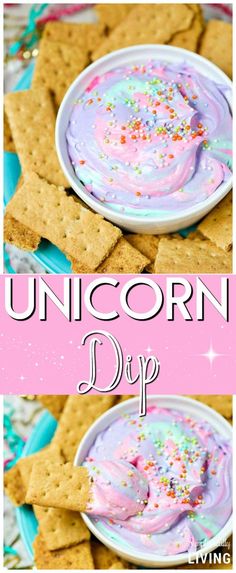 unicorn dip with sprinkles on top and crackers in the background text overlay reads, unicorn dip