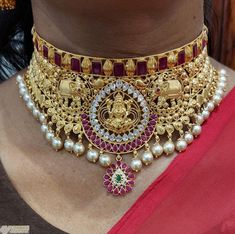 22K Gold 'Gaja Lakshmi / Mango' Choker Necklace with Cz ,Color Stones & Culture Pearls (Temple Jewellery) - 235-GN4481 in 76.600 Grams Gaja Lakshmi, Baby Gold Rings