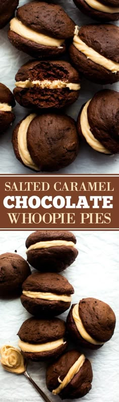 chocolate whoopie pies stacked on top of each other with the words salted caramel chocolate whoopie pies