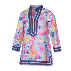 The Carvalho Couture Cabana Cover-up is cut in 100% lightweight cotton, decorated in an adorable vibrant print for the perfect resort wear. Featuring a comfy-fitting bodice, modest neckline, and roomy long sleeves, it is finished with coordinating ribbon trim. A fun print to match that cute little personality! Perfect for the girl-on-the go, from pool time to dinner. Material: 100% Cotton Care: Machine wash cold, hang to dry Modest v-neckline Coordinating trim Roomy sleeves Size Guide: S = 3/4Y Summer Beach Top With Flamingo Print, Summer Beach Tops With Flamingo Print, Summer Flamingo Print Beach Top, Spring Holiday Beachwear Tops, Spring Vacation Cotton Tunic, Casual Printed Tunic For Summer, Multicolor Spring Tunic For Vacation, Fun Long Sleeve Tops For Vacation, Multicolor Printed Tops For Vacation