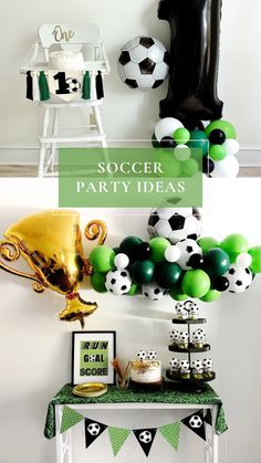 a soccer party with green and white decorations