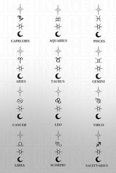 the zodiac signs and their meanings are shown in this graphic style, with different symbols above them