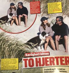 a magazine with people and their dogs on the beach in front of some sand dunes