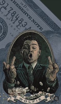 a drawing of a man holding his hands up in front of money