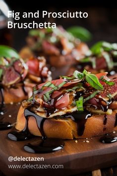 a wooden cutting board topped with bread covered in chocolate sauce and vegtables