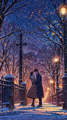 a painting of two people standing in the snow under a street light with lights on