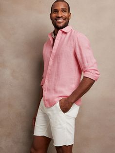 A tailored essential.  This elevated button-down shirt is crafted from luxurious, beautiful, naturally breathable linen, a customer-favorite fabric for its softness and strength.  Spread collar.  Button front closure.  Shirttail hem.  Standard fit. Pink Beach Outfit Men, Linen Wear Men, Hamptons Mens Style, Men’s Beach Fashion, Men’s Brunch Outfit, Male Vacation Outfits, Farewell Brunch, Resort Attire, Couples Night