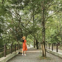 a woman in an orange dress and straw hat walks down a path lined with trees