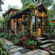 a small wooden house surrounded by greenery and potted plants